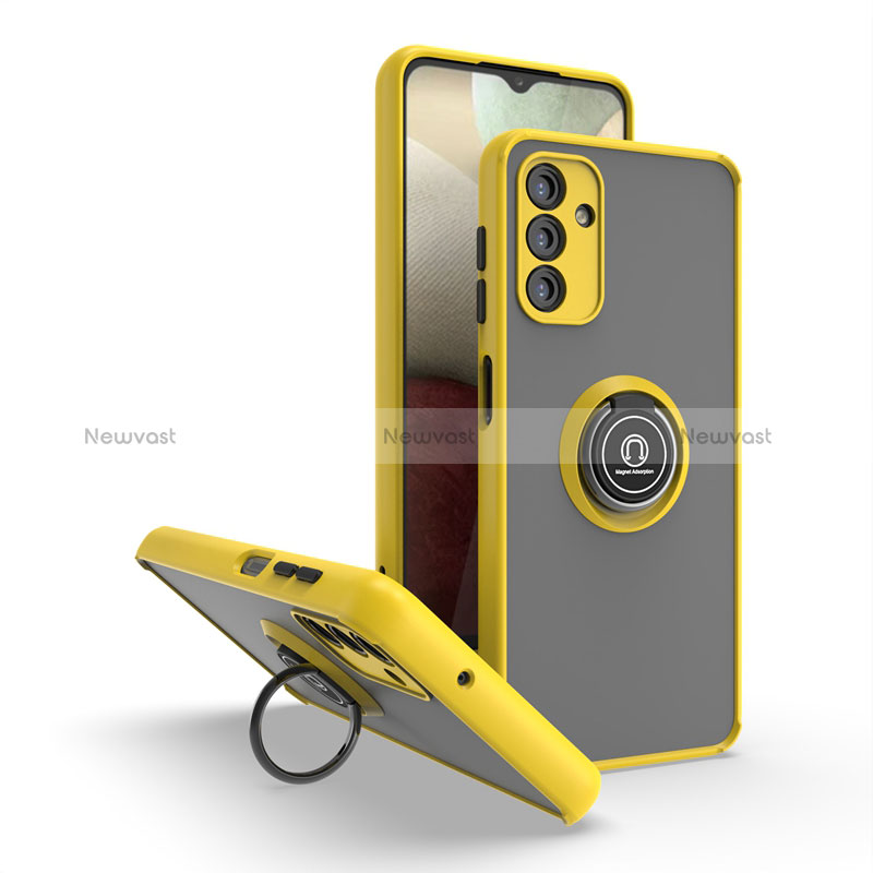 Silicone Matte Finish and Plastic Back Cover Case with Magnetic Finger Ring Stand QW2 for Samsung Galaxy A04s Yellow