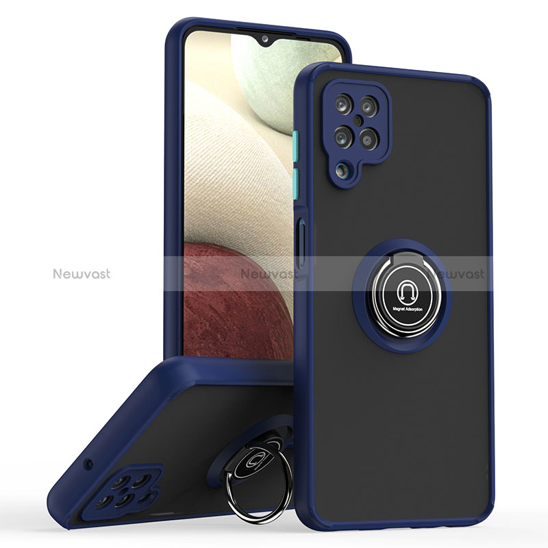 Silicone Matte Finish and Plastic Back Cover Case with Magnetic Finger Ring Stand QW2 for Samsung Galaxy A12 5G Blue