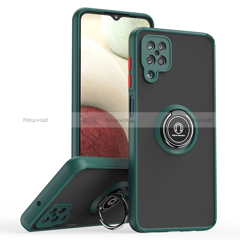 Silicone Matte Finish and Plastic Back Cover Case with Magnetic Finger Ring Stand QW2 for Samsung Galaxy A12 5G Midnight Green