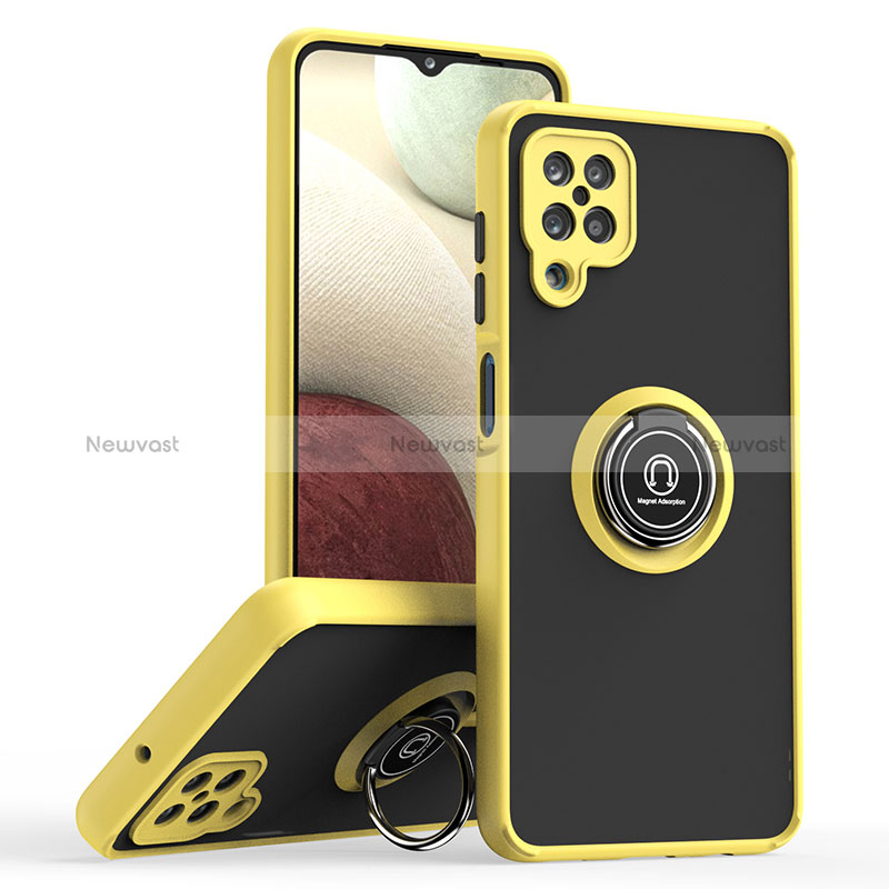 Silicone Matte Finish and Plastic Back Cover Case with Magnetic Finger Ring Stand QW2 for Samsung Galaxy A12 5G Yellow