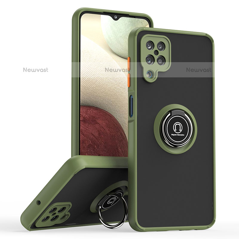 Silicone Matte Finish and Plastic Back Cover Case with Magnetic Finger Ring Stand QW2 for Samsung Galaxy A12 Army green