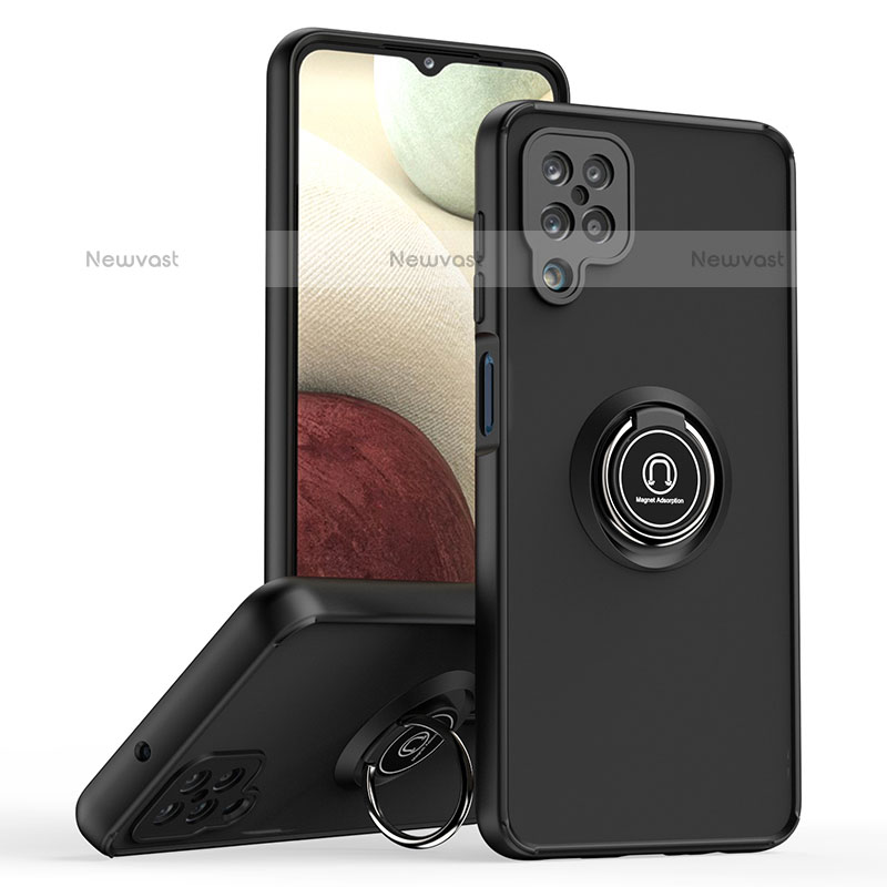 Silicone Matte Finish and Plastic Back Cover Case with Magnetic Finger Ring Stand QW2 for Samsung Galaxy A12 Black