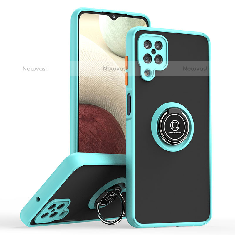 Silicone Matte Finish and Plastic Back Cover Case with Magnetic Finger Ring Stand QW2 for Samsung Galaxy A12 Cyan