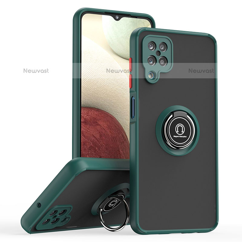 Silicone Matte Finish and Plastic Back Cover Case with Magnetic Finger Ring Stand QW2 for Samsung Galaxy A12 Midnight Green