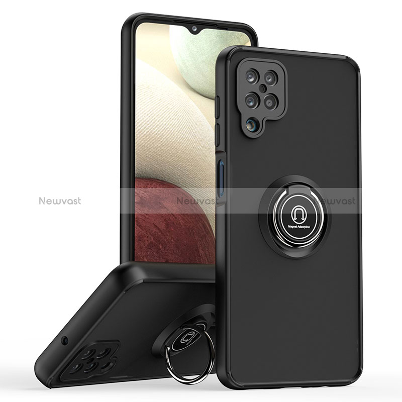 Silicone Matte Finish and Plastic Back Cover Case with Magnetic Finger Ring Stand QW2 for Samsung Galaxy A12 Nacho Black