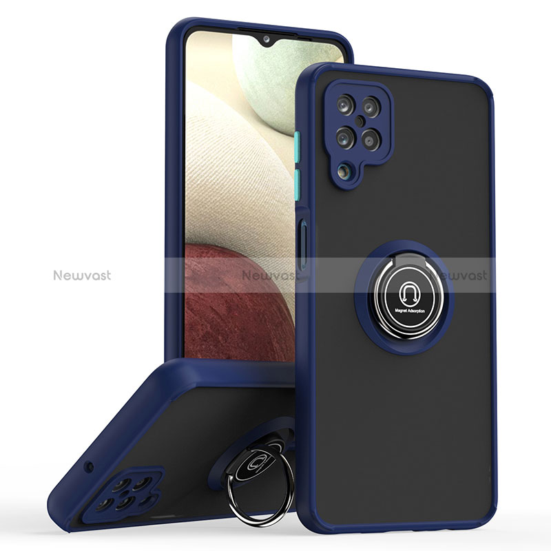 Silicone Matte Finish and Plastic Back Cover Case with Magnetic Finger Ring Stand QW2 for Samsung Galaxy A12 Nacho Blue