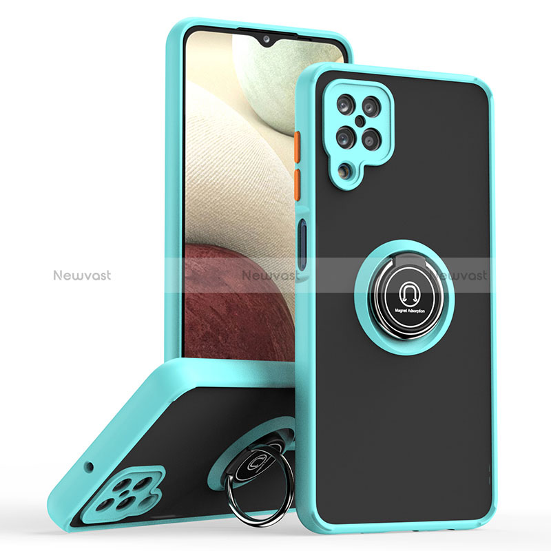 Silicone Matte Finish and Plastic Back Cover Case with Magnetic Finger Ring Stand QW2 for Samsung Galaxy A12 Nacho Cyan