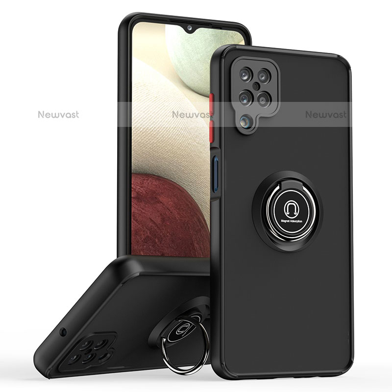 Silicone Matte Finish and Plastic Back Cover Case with Magnetic Finger Ring Stand QW2 for Samsung Galaxy A12 Red and Black