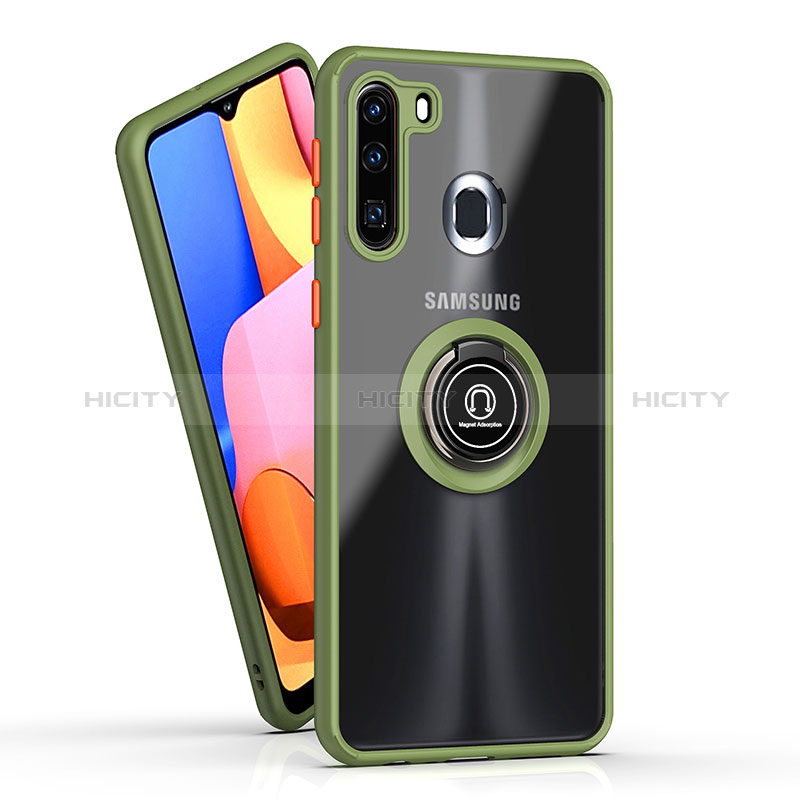 Silicone Matte Finish and Plastic Back Cover Case with Magnetic Finger Ring Stand QW2 for Samsung Galaxy A21 European