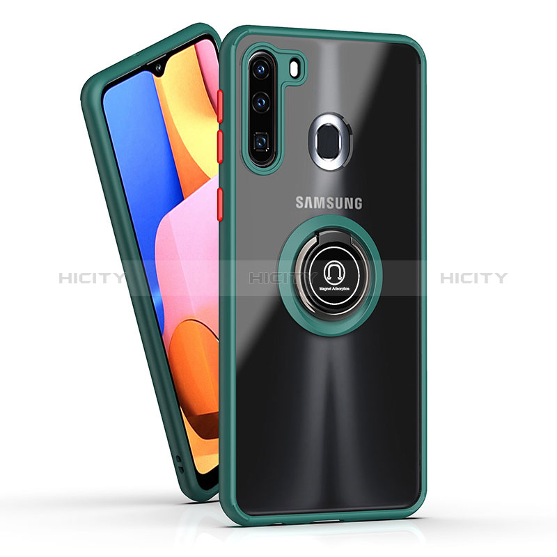 Silicone Matte Finish and Plastic Back Cover Case with Magnetic Finger Ring Stand QW2 for Samsung Galaxy A21 European Midnight Green