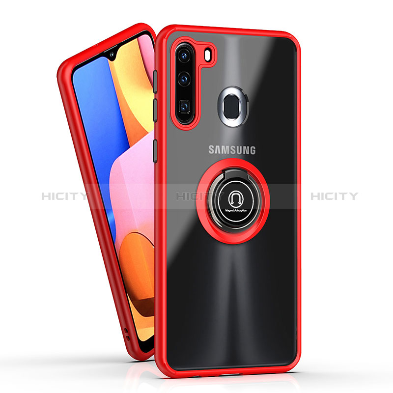 Silicone Matte Finish and Plastic Back Cover Case with Magnetic Finger Ring Stand QW2 for Samsung Galaxy A21 European Red