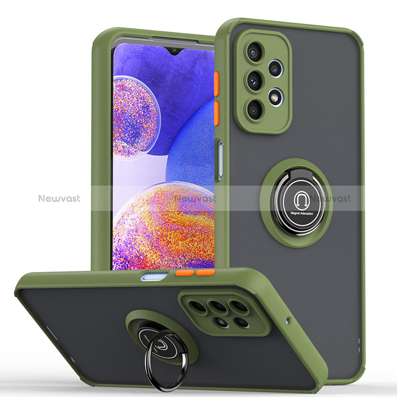 Silicone Matte Finish and Plastic Back Cover Case with Magnetic Finger Ring Stand QW2 for Samsung Galaxy A23 4G Army green