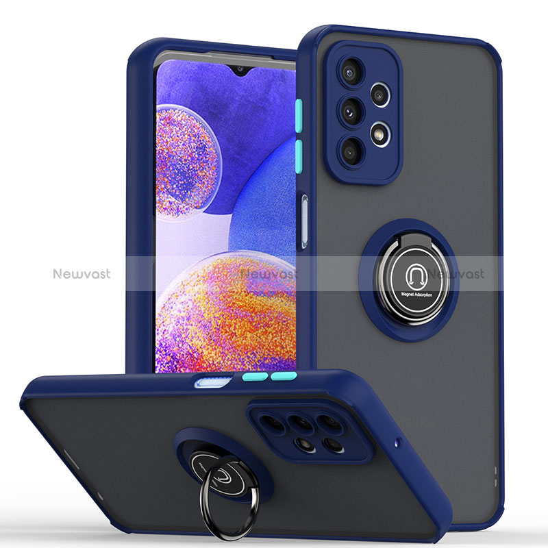 Silicone Matte Finish and Plastic Back Cover Case with Magnetic Finger Ring Stand QW2 for Samsung Galaxy A23 4G Blue