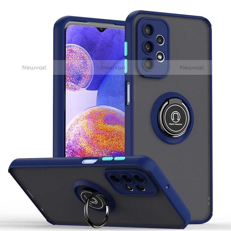 Silicone Matte Finish and Plastic Back Cover Case with Magnetic Finger Ring Stand QW2 for Samsung Galaxy A23 5G Blue