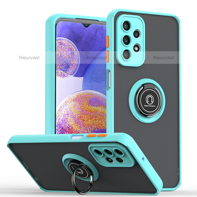 Silicone Matte Finish and Plastic Back Cover Case with Magnetic Finger Ring Stand QW2 for Samsung Galaxy A23 5G Cyan