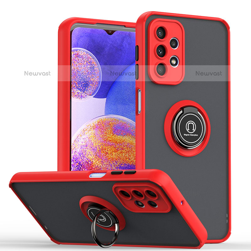 Silicone Matte Finish and Plastic Back Cover Case with Magnetic Finger Ring Stand QW2 for Samsung Galaxy A23 5G Red