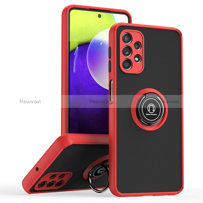 Silicone Matte Finish and Plastic Back Cover Case with Magnetic Finger Ring Stand QW2 for Samsung Galaxy A32 4G Red