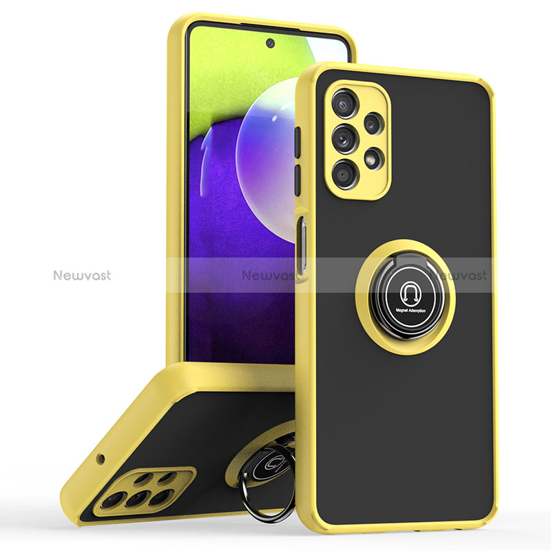 Silicone Matte Finish and Plastic Back Cover Case with Magnetic Finger Ring Stand QW2 for Samsung Galaxy A32 4G Yellow