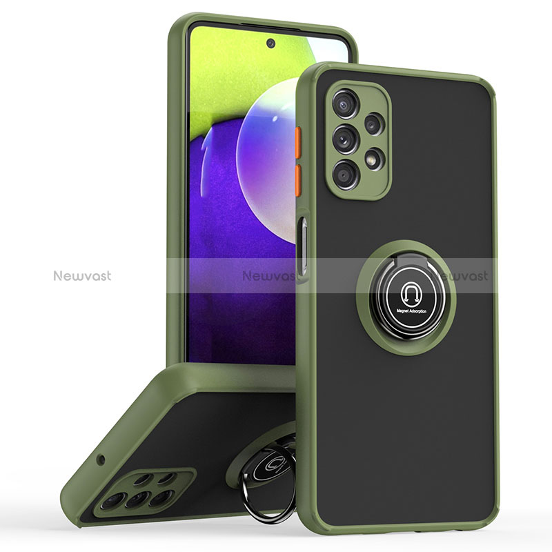 Silicone Matte Finish and Plastic Back Cover Case with Magnetic Finger Ring Stand QW2 for Samsung Galaxy A32 5G Army green