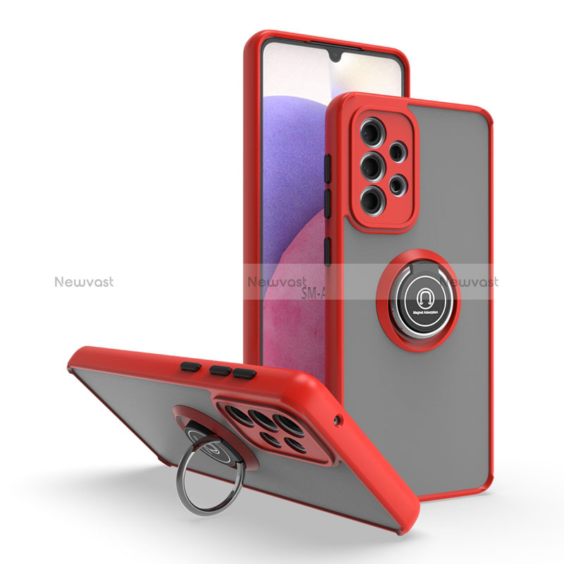 Silicone Matte Finish and Plastic Back Cover Case with Magnetic Finger Ring Stand QW2 for Samsung Galaxy A33 5G Red