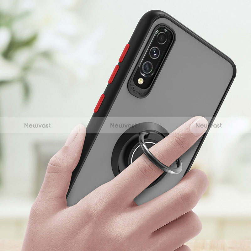 Silicone Matte Finish and Plastic Back Cover Case with Magnetic Finger Ring Stand QW2 for Samsung Galaxy A70