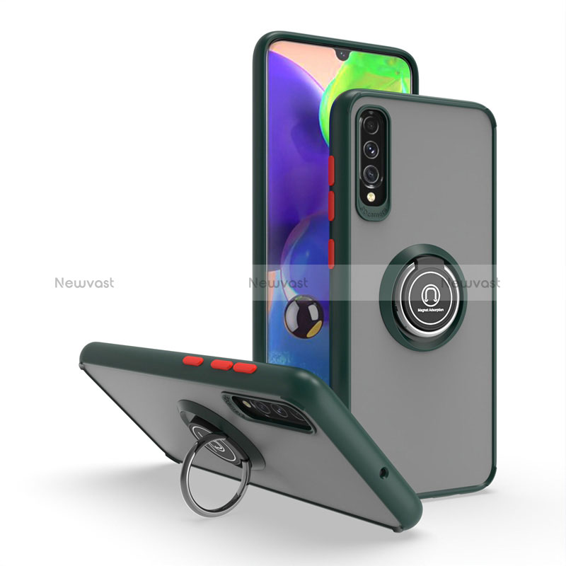 Silicone Matte Finish and Plastic Back Cover Case with Magnetic Finger Ring Stand QW2 for Samsung Galaxy A70 Midnight Green