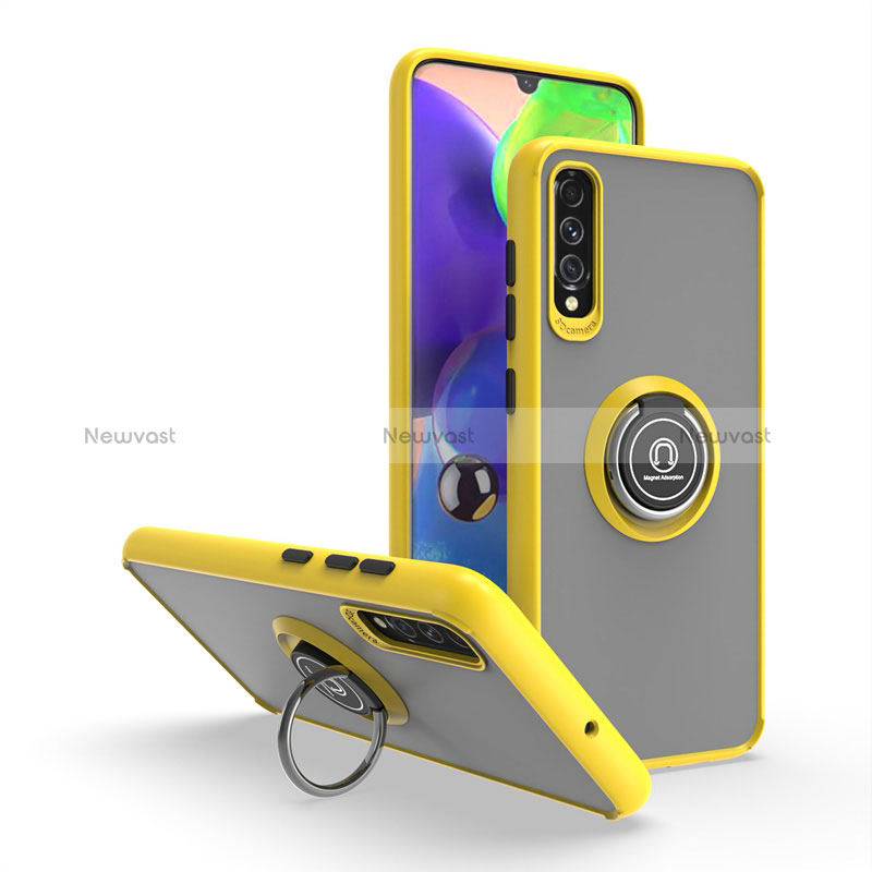 Silicone Matte Finish and Plastic Back Cover Case with Magnetic Finger Ring Stand QW2 for Samsung Galaxy A70 Yellow