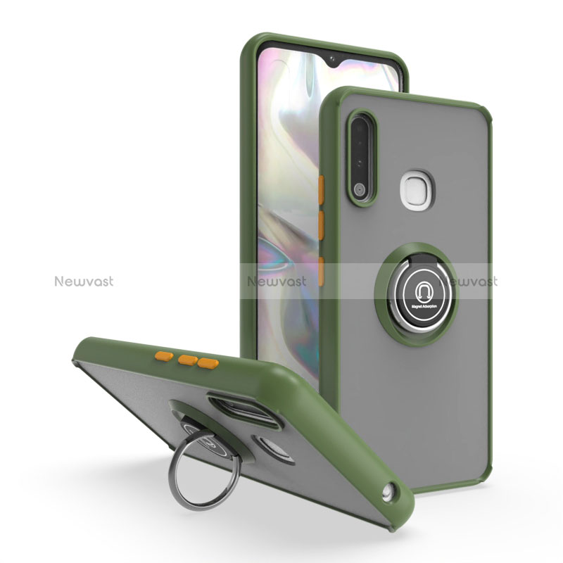 Silicone Matte Finish and Plastic Back Cover Case with Magnetic Finger Ring Stand QW2 for Samsung Galaxy A70E Army green