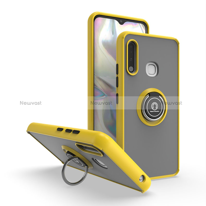 Silicone Matte Finish and Plastic Back Cover Case with Magnetic Finger Ring Stand QW2 for Samsung Galaxy A70E Yellow