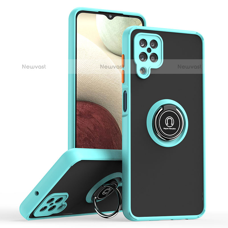 Silicone Matte Finish and Plastic Back Cover Case with Magnetic Finger Ring Stand QW2 for Samsung Galaxy F12 Cyan