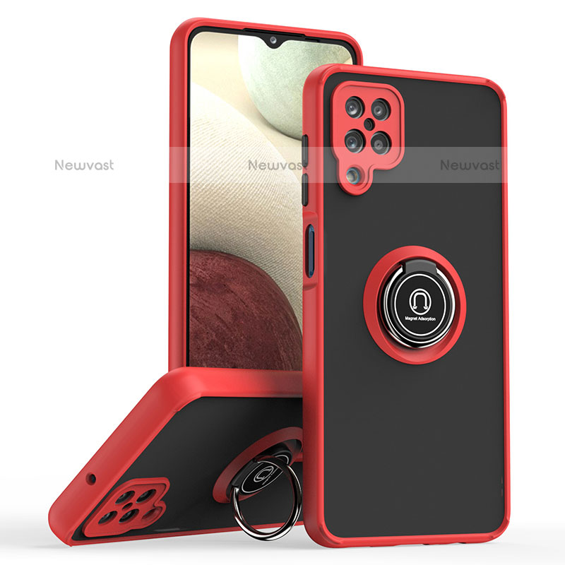 Silicone Matte Finish and Plastic Back Cover Case with Magnetic Finger Ring Stand QW2 for Samsung Galaxy F12 Red