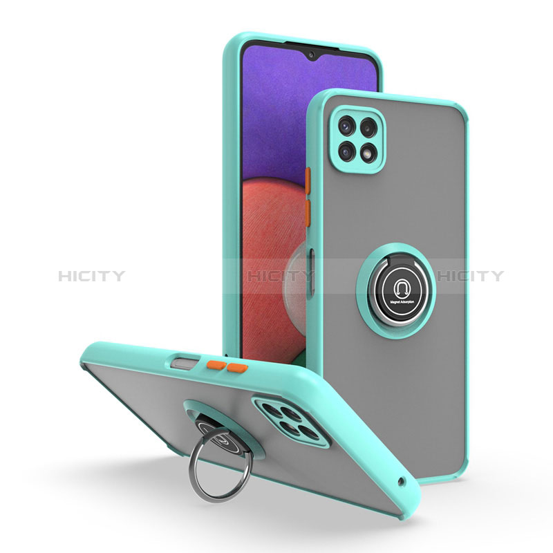 Silicone Matte Finish and Plastic Back Cover Case with Magnetic Finger Ring Stand QW2 for Samsung Galaxy F42 5G Cyan