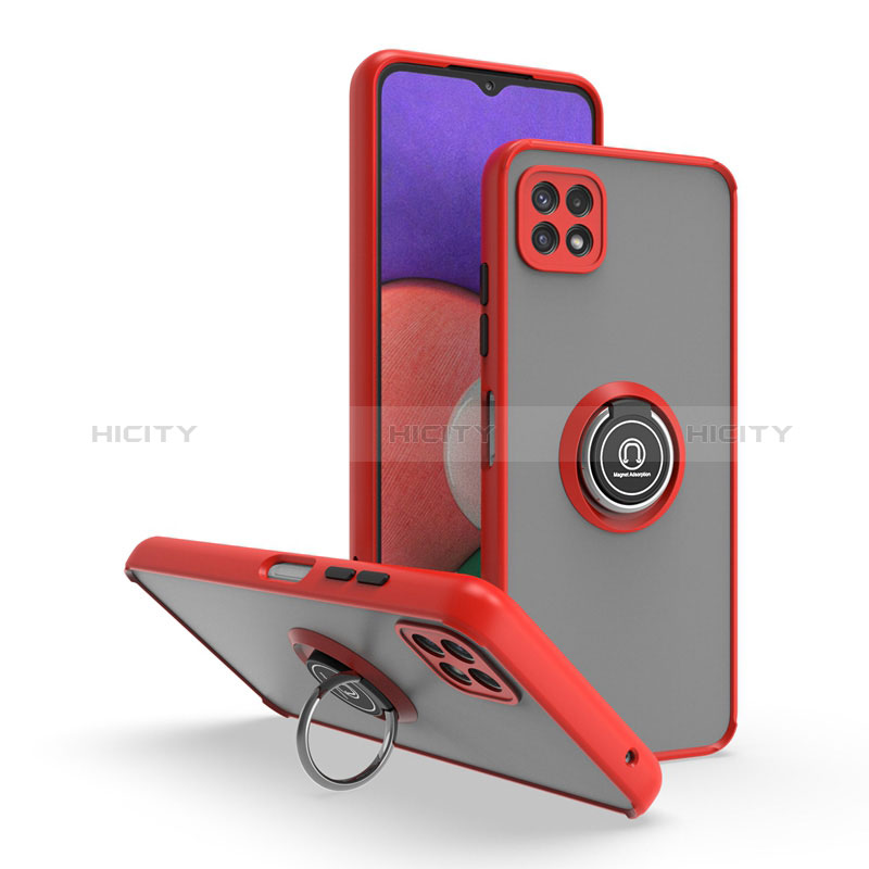 Silicone Matte Finish and Plastic Back Cover Case with Magnetic Finger Ring Stand QW2 for Samsung Galaxy F42 5G Red