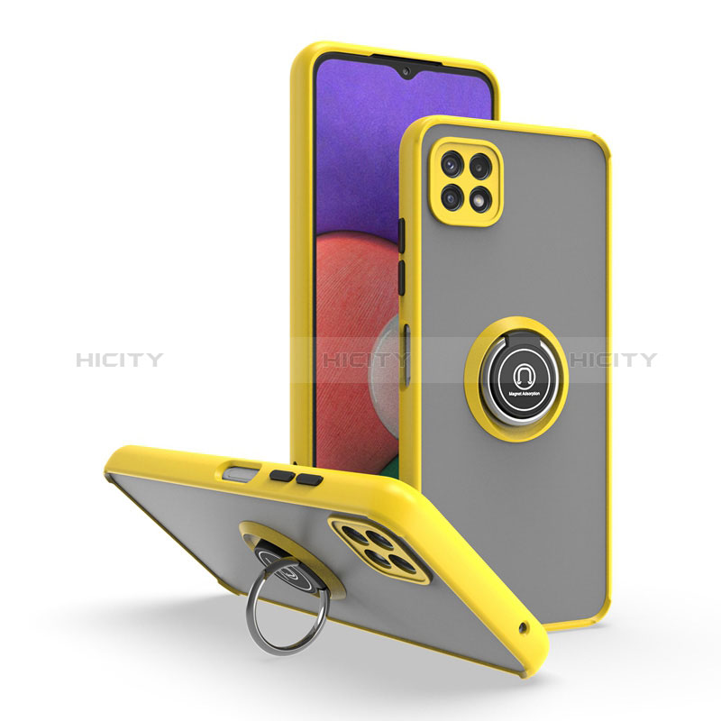 Silicone Matte Finish and Plastic Back Cover Case with Magnetic Finger Ring Stand QW2 for Samsung Galaxy F42 5G Yellow