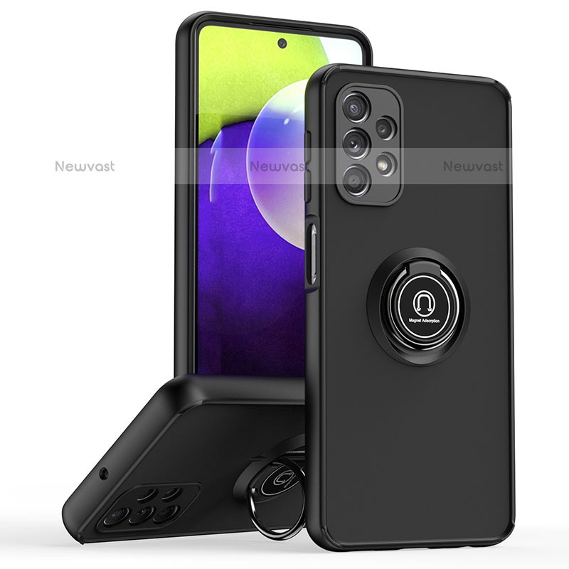 Silicone Matte Finish and Plastic Back Cover Case with Magnetic Finger Ring Stand QW2 for Samsung Galaxy M32 5G Black