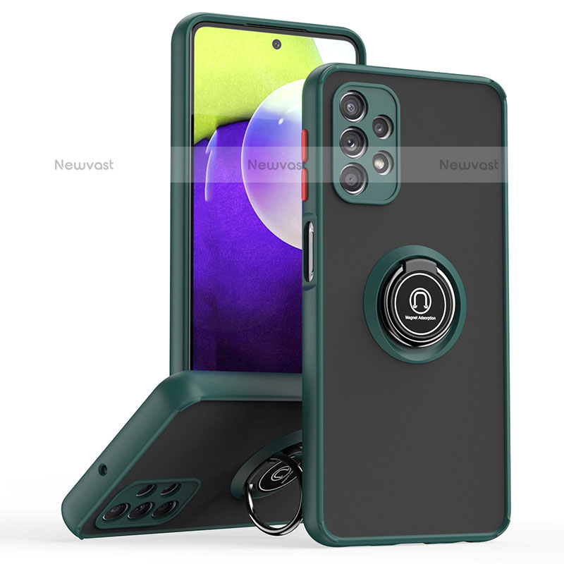 Silicone Matte Finish and Plastic Back Cover Case with Magnetic Finger Ring Stand QW2 for Samsung Galaxy M32 5G Midnight Green