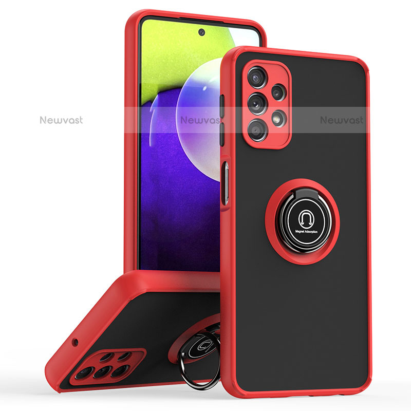 Silicone Matte Finish and Plastic Back Cover Case with Magnetic Finger Ring Stand QW2 for Samsung Galaxy M32 5G Red