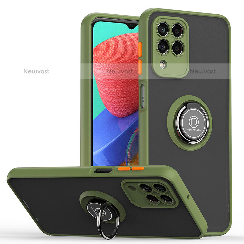 Silicone Matte Finish and Plastic Back Cover Case with Magnetic Finger Ring Stand QW2 for Samsung Galaxy M33 5G Army green