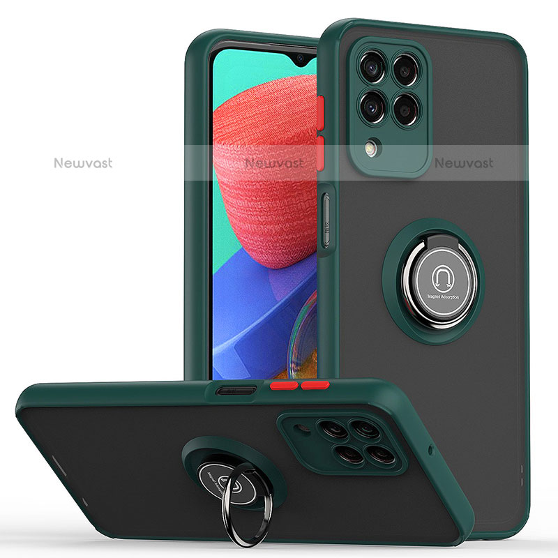 Silicone Matte Finish and Plastic Back Cover Case with Magnetic Finger Ring Stand QW2 for Samsung Galaxy M33 5G Midnight Green