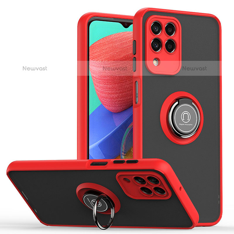 Silicone Matte Finish and Plastic Back Cover Case with Magnetic Finger Ring Stand QW2 for Samsung Galaxy M33 5G Red