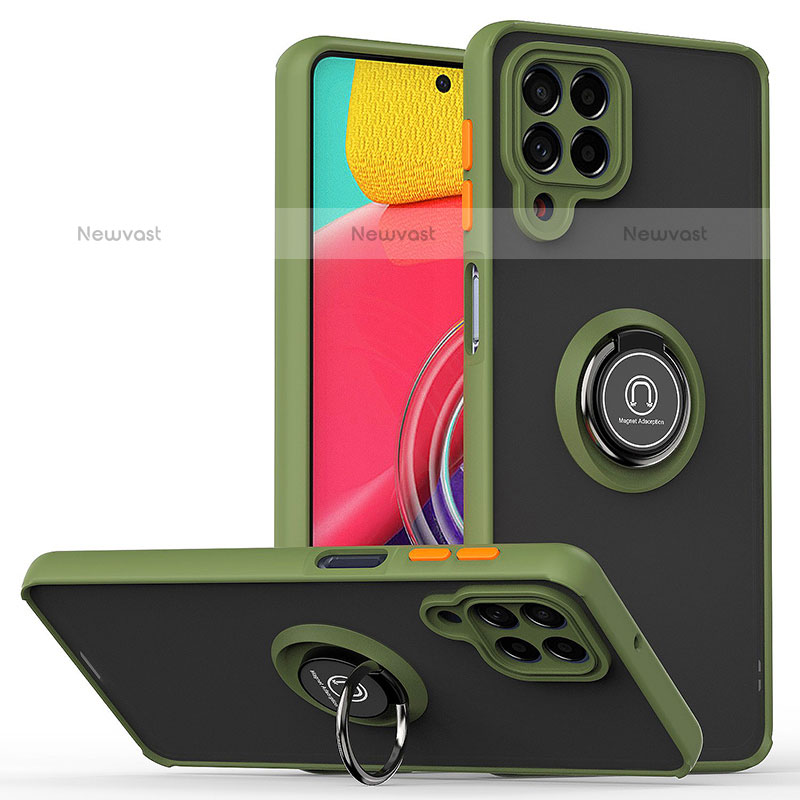 Silicone Matte Finish and Plastic Back Cover Case with Magnetic Finger Ring Stand QW2 for Samsung Galaxy M53 5G Army green