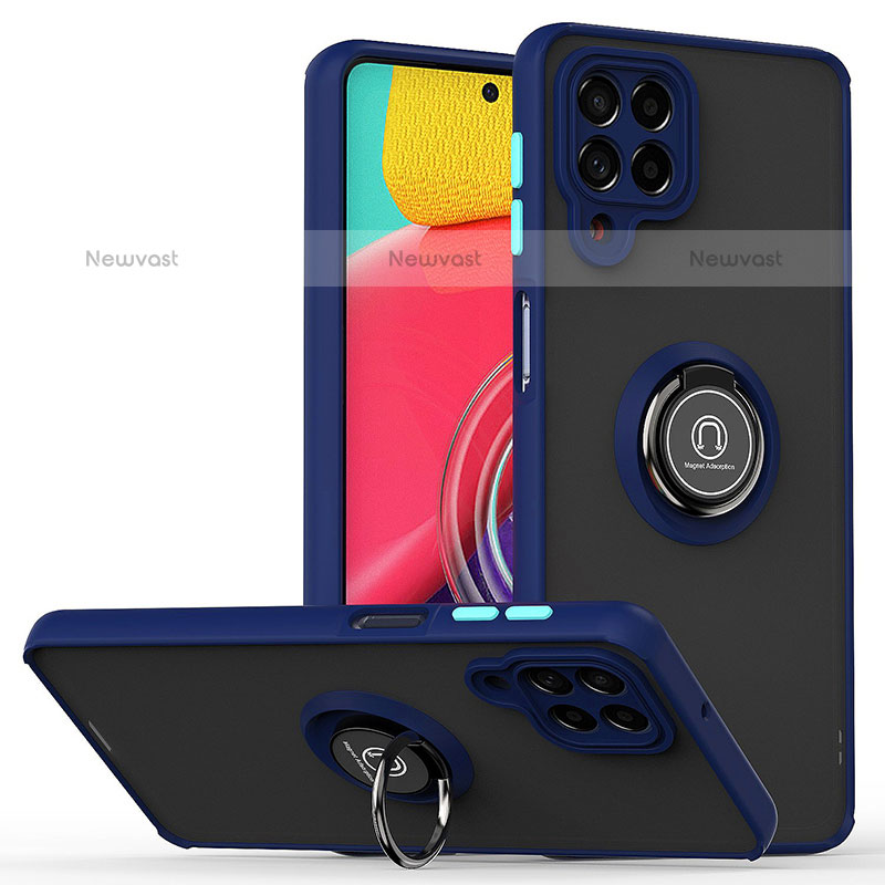 Silicone Matte Finish and Plastic Back Cover Case with Magnetic Finger Ring Stand QW2 for Samsung Galaxy M53 5G Blue