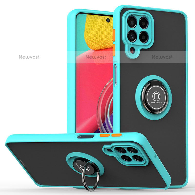 Silicone Matte Finish and Plastic Back Cover Case with Magnetic Finger Ring Stand QW2 for Samsung Galaxy M53 5G Cyan