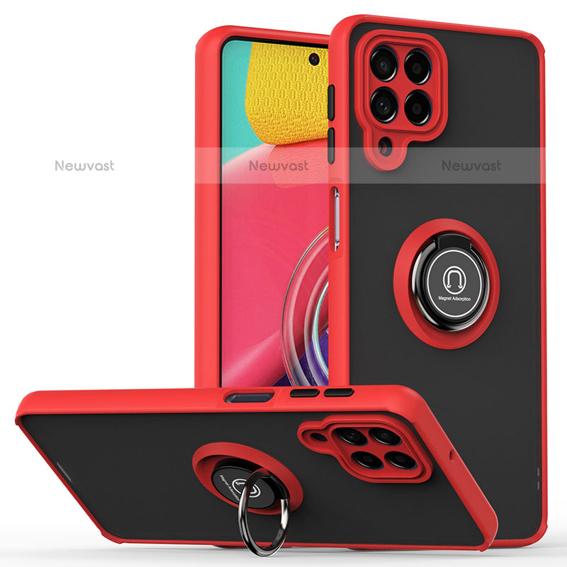 Silicone Matte Finish and Plastic Back Cover Case with Magnetic Finger Ring Stand QW2 for Samsung Galaxy M53 5G Red