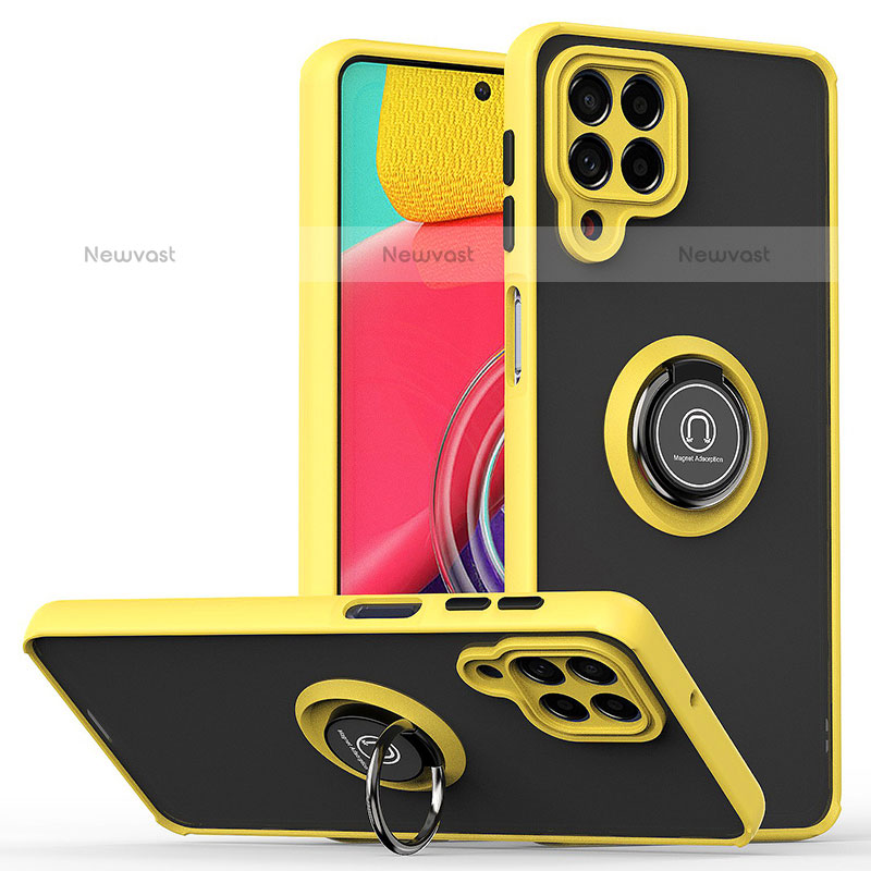 Silicone Matte Finish and Plastic Back Cover Case with Magnetic Finger Ring Stand QW2 for Samsung Galaxy M53 5G Yellow