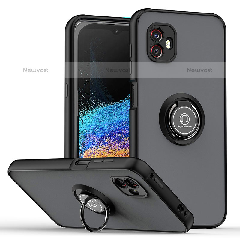 Silicone Matte Finish and Plastic Back Cover Case with Magnetic Finger Ring Stand QW2 for Samsung Galaxy XCover 6 Pro 5G Black