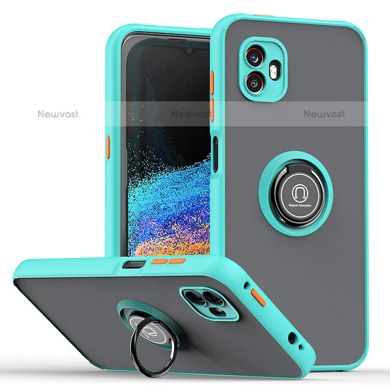 Silicone Matte Finish and Plastic Back Cover Case with Magnetic Finger Ring Stand QW2 for Samsung Galaxy XCover 6 Pro 5G Cyan