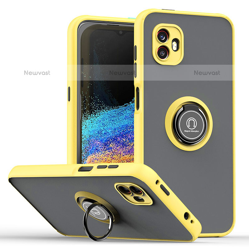 Silicone Matte Finish and Plastic Back Cover Case with Magnetic Finger Ring Stand QW2 for Samsung Galaxy XCover 6 Pro 5G Yellow