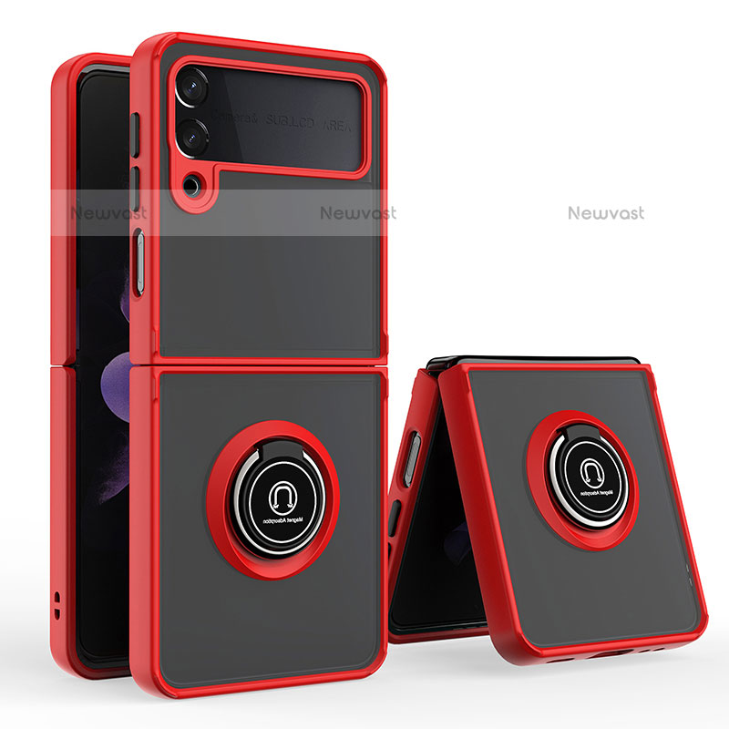 Silicone Matte Finish and Plastic Back Cover Case with Magnetic Finger Ring Stand QW2 for Samsung Galaxy Z Flip3 5G Red