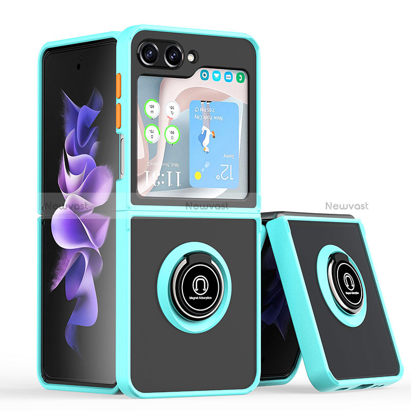 Silicone Matte Finish and Plastic Back Cover Case with Magnetic Finger Ring Stand QW2 for Samsung Galaxy Z Flip5 5G Cyan